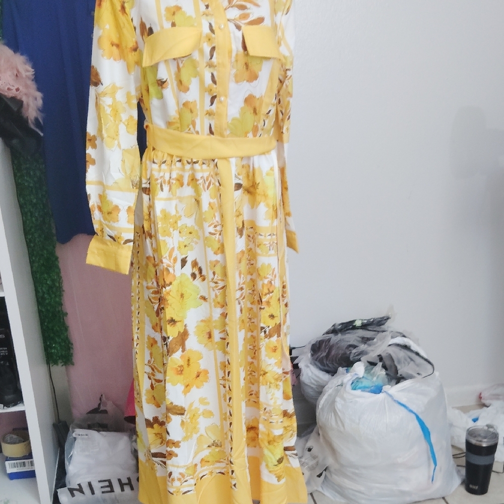 SHEIN Yellow Ruffled Wrap Dress with Bishop Sleeves